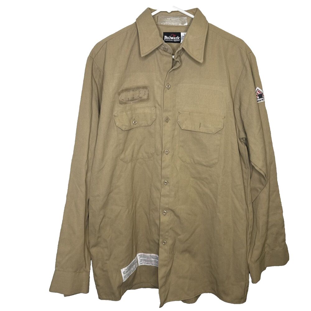 Bulwark FR Mens Large L Khaki Beige Flame Resistant Work Shirt Long Sleeve